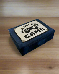 Blue FlexBox One More Game fabric storage box with silver hardware and game-controller panel