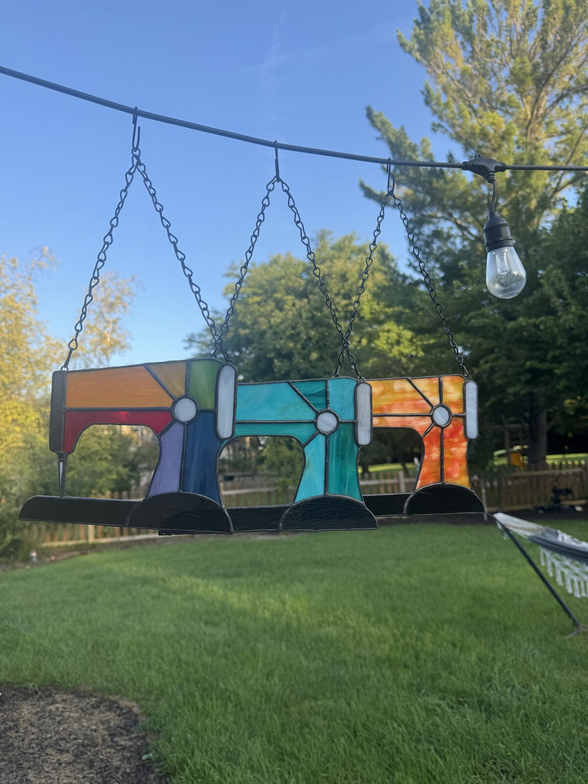 Sewing machine stained glass — Rainbow, Turquoise, and Tequila Sunset