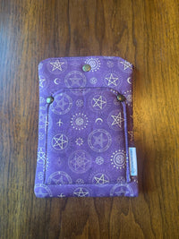 Small padded fabric device sleeve with Symbols in Plum design, shown upright