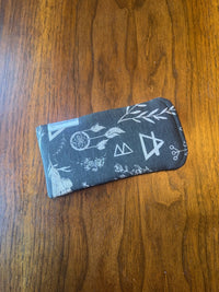Padded fabric eyeglass case in Herbs and Symbols design, with built-in lens cloth