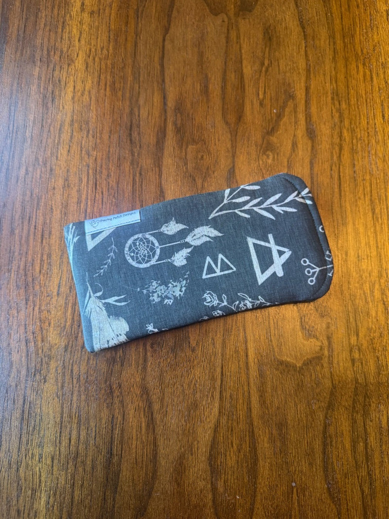 Padded fabric eyeglass case in Herbs and Symbols design, with built-in lens cloth