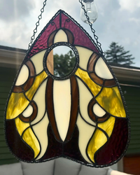 Luna moth planchette stained-glass suncatcher with mirror center and hanging chain