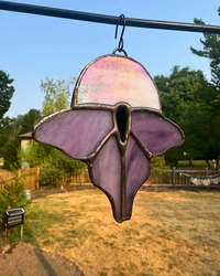 Purple luna moth stained-glass suncatcher with iridescent moon accent